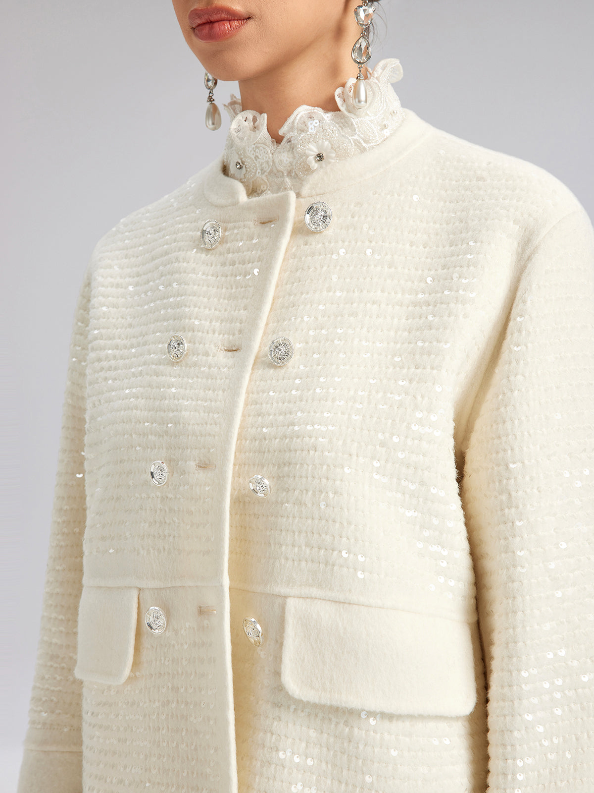 Wool Sequin-Embroidered Round Neckline Jacket (100% Wool)