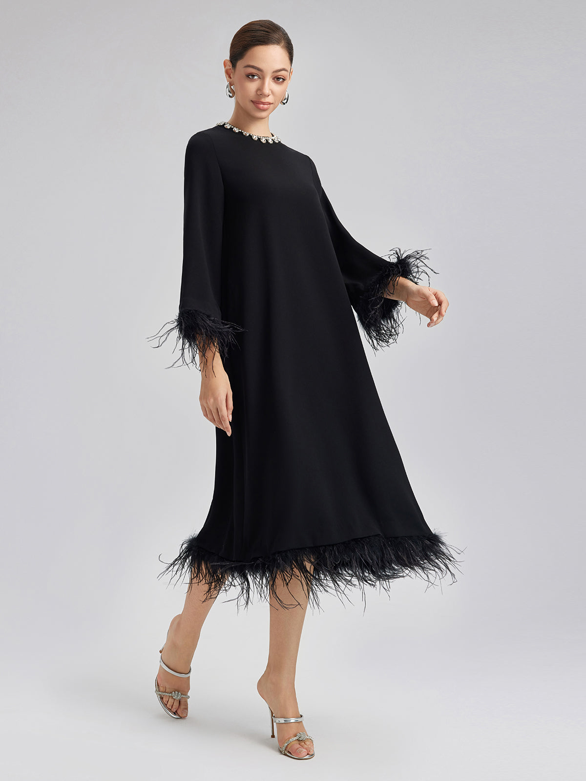 Luxurious Black Feather-Trimmed Dress