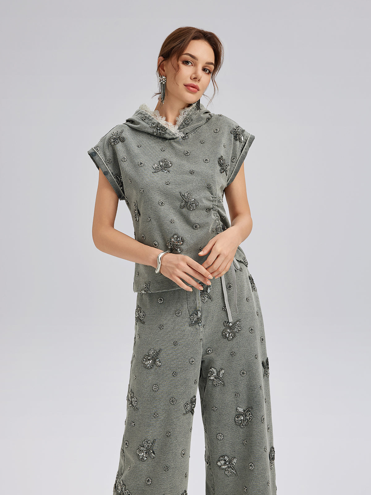 Garment Dyeing Beaded Denim Hoodie
