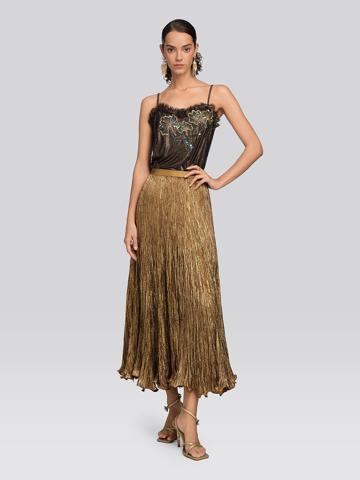 Golden Textured Pleated Mermaid Skirt