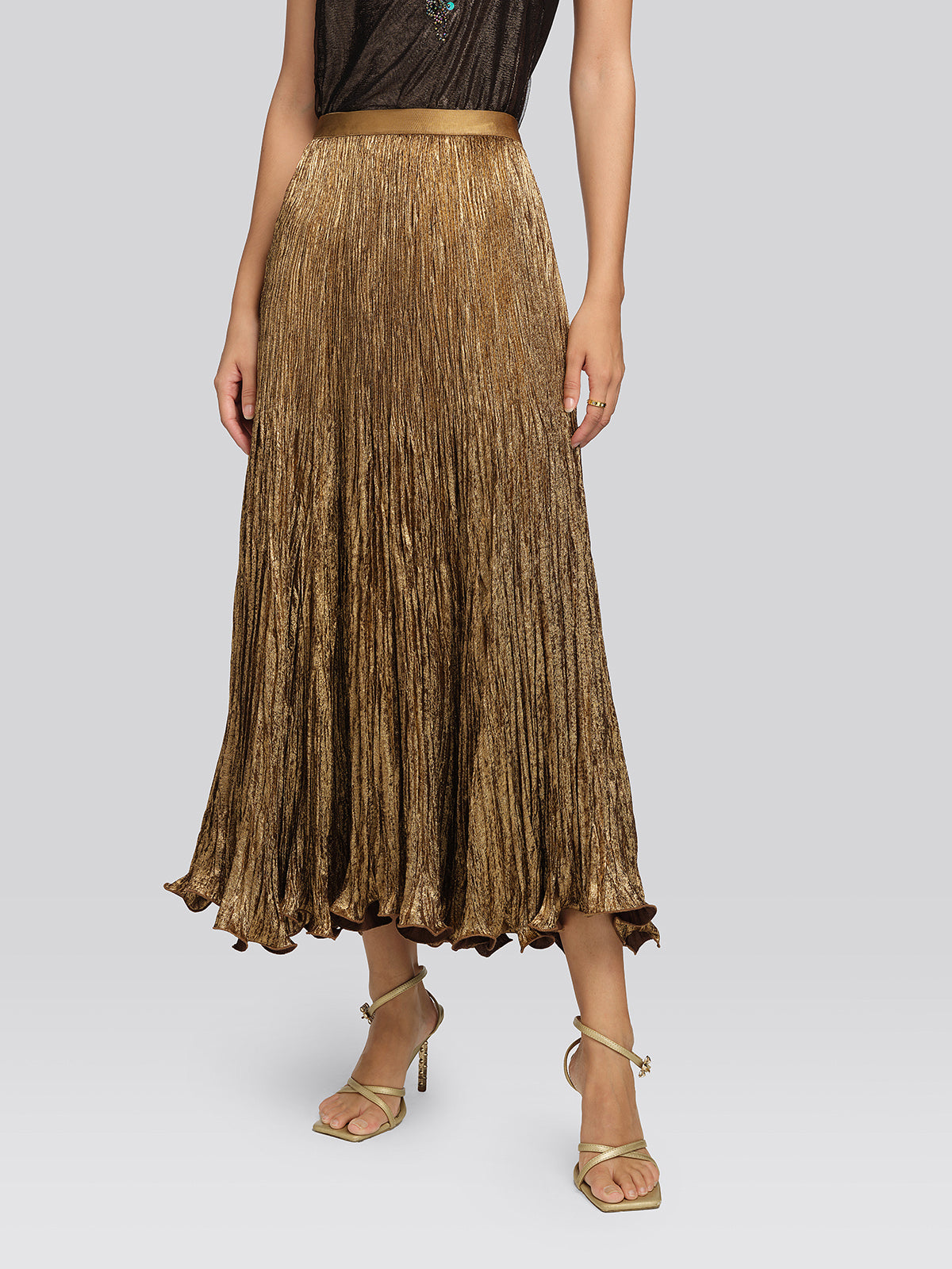 Golden Textured Pleated Mermaid Skirt