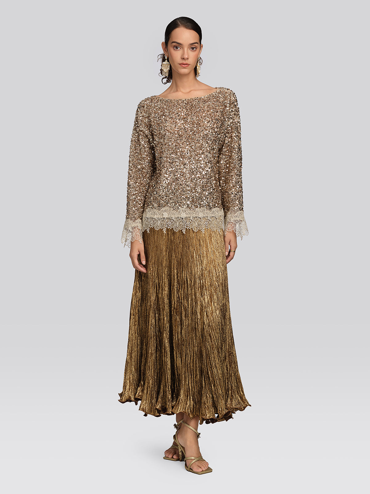 Golden Textured Pleated Mermaid Skirt