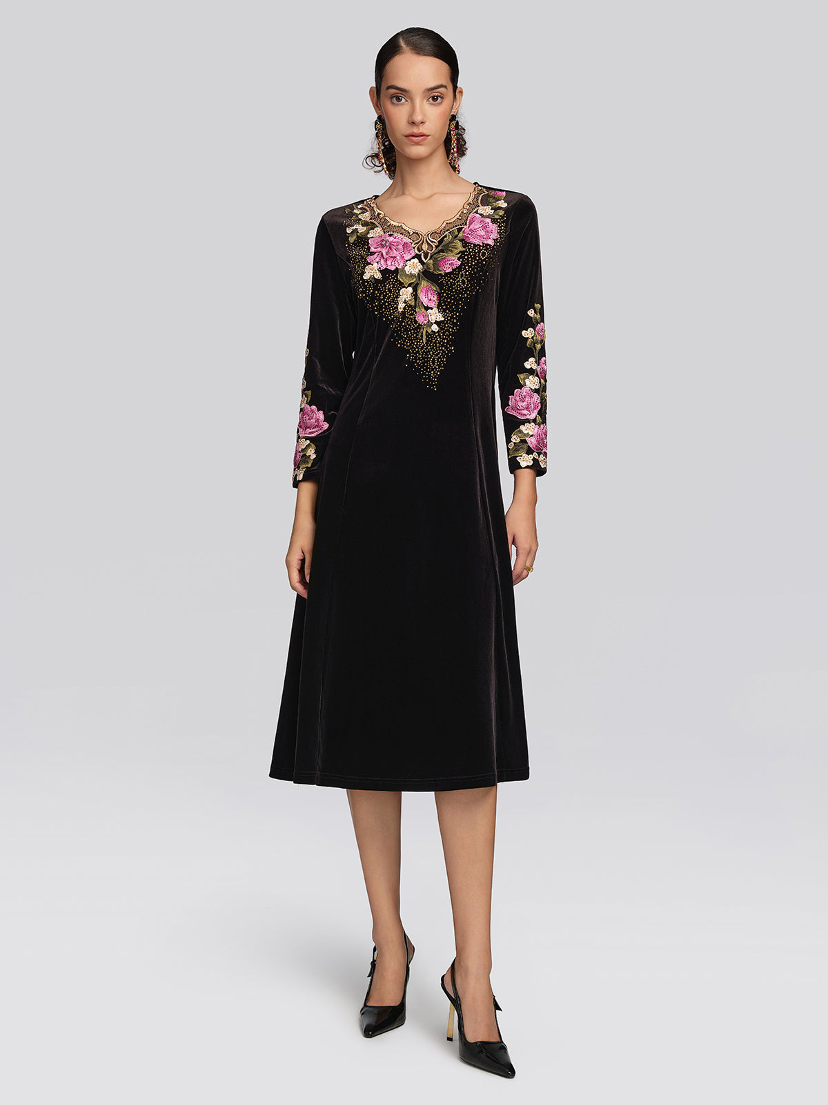 Velvet Rose Embroidered Rhinestone Dress