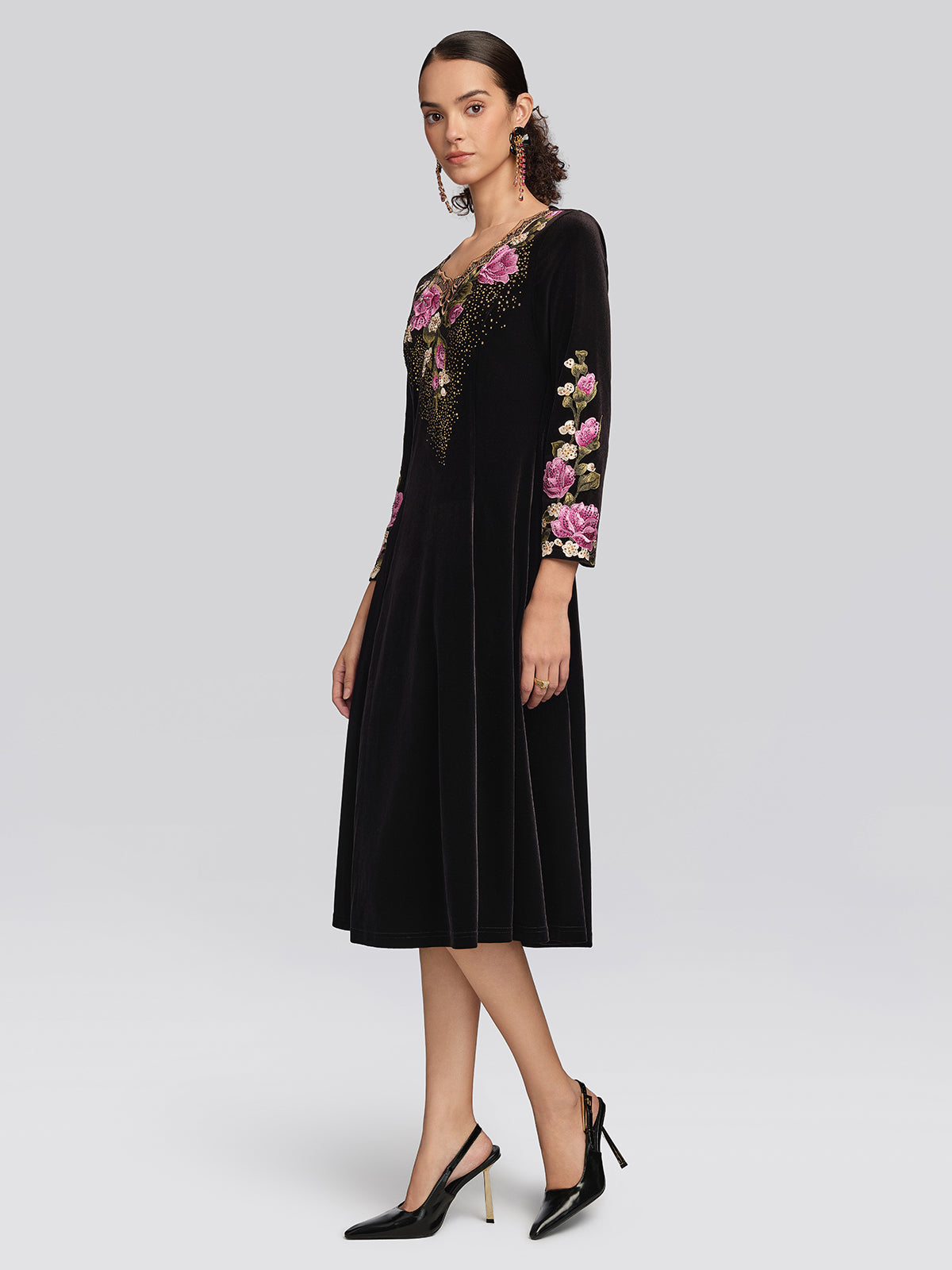 Velvet Rose Embroidered Rhinestone Dress