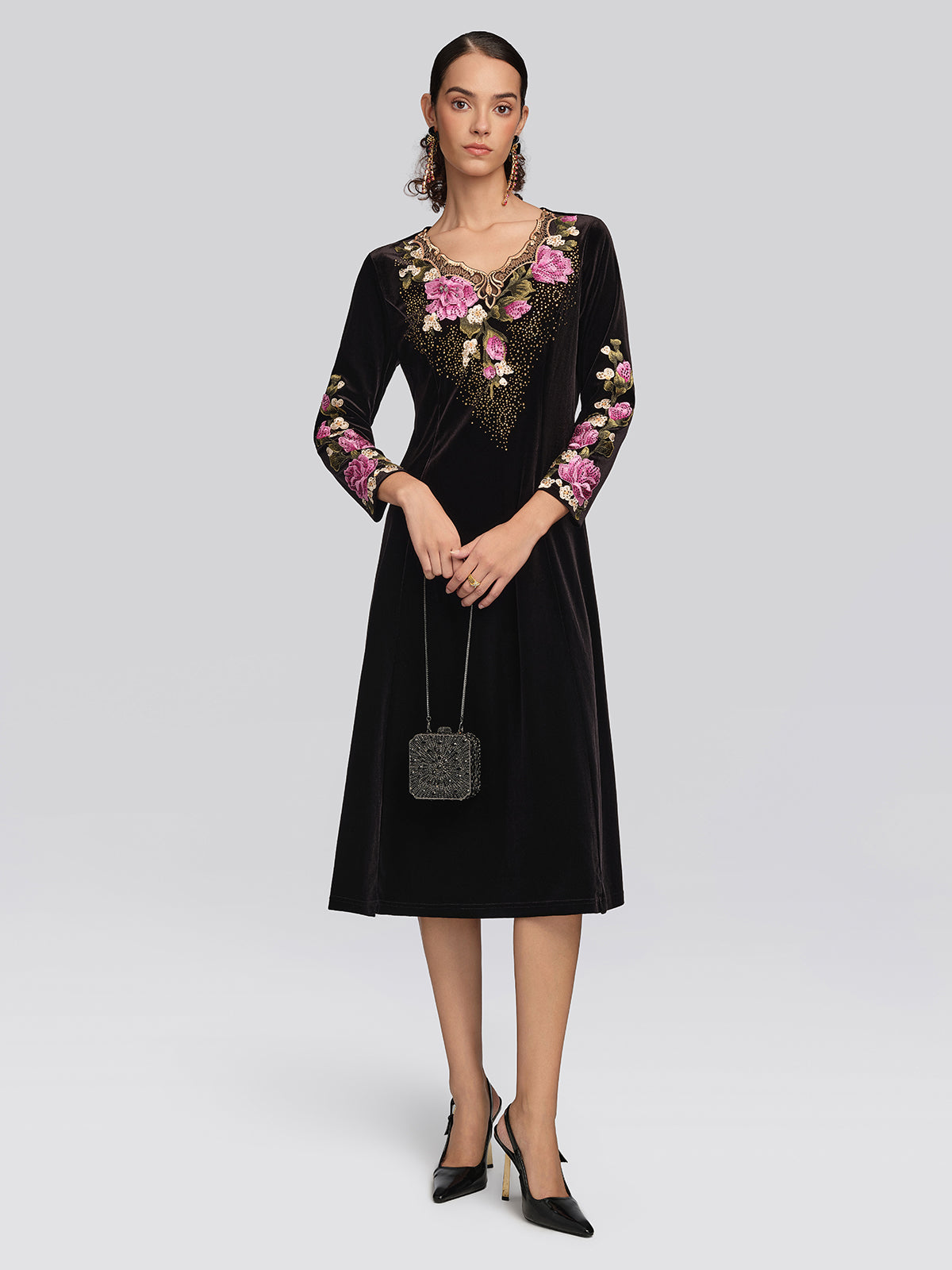 Velvet Rose Embroidered Rhinestone Dress