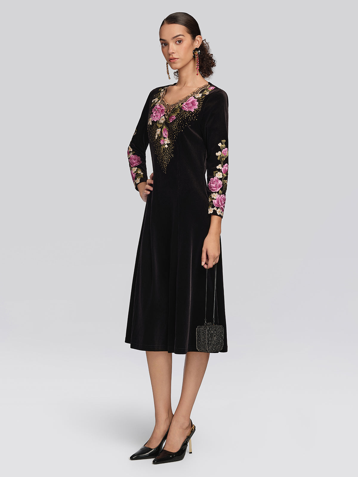 Velvet Rose Embroidered Rhinestone Dress