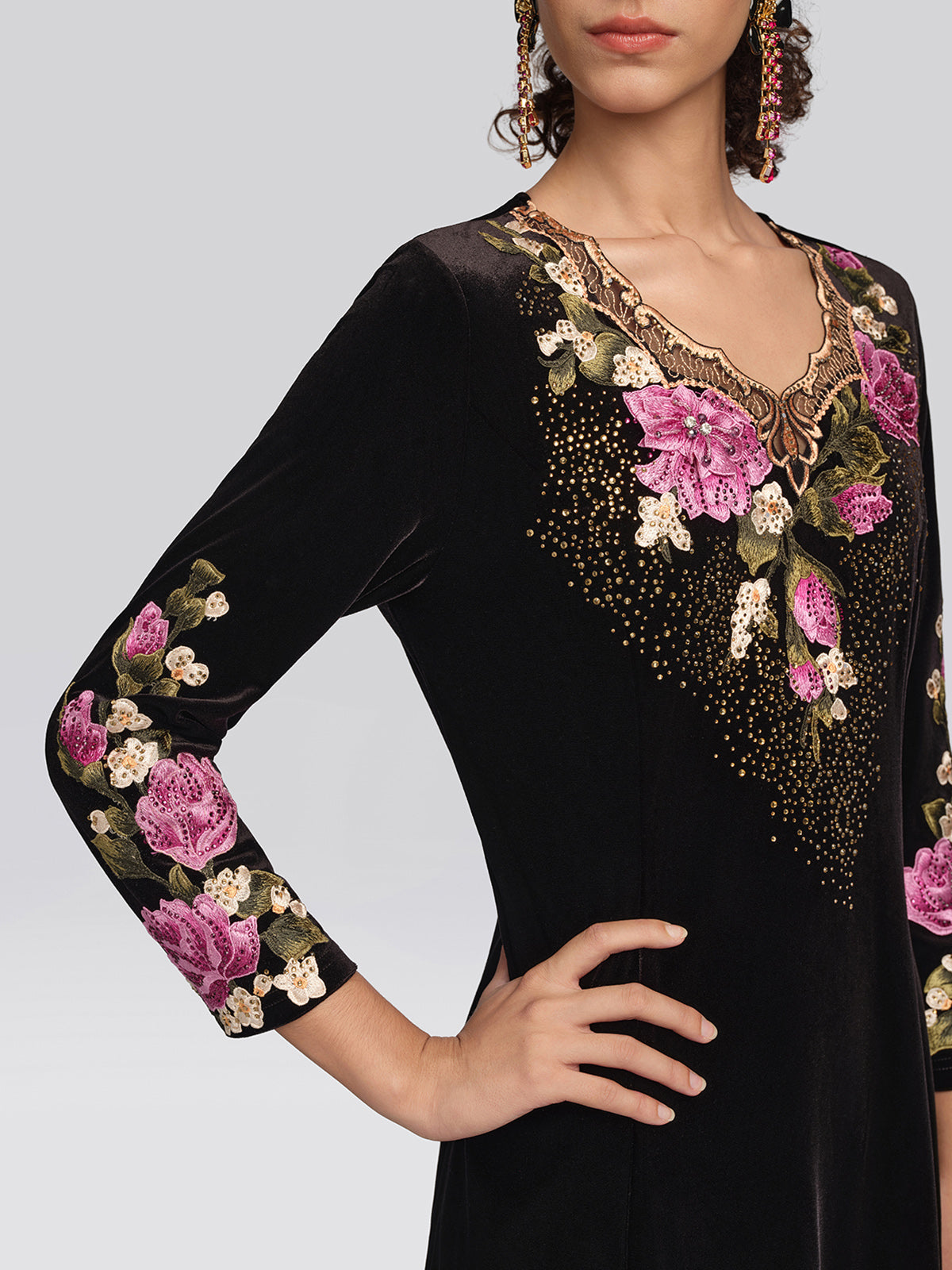 Velvet Rose Embroidered Rhinestone Dress