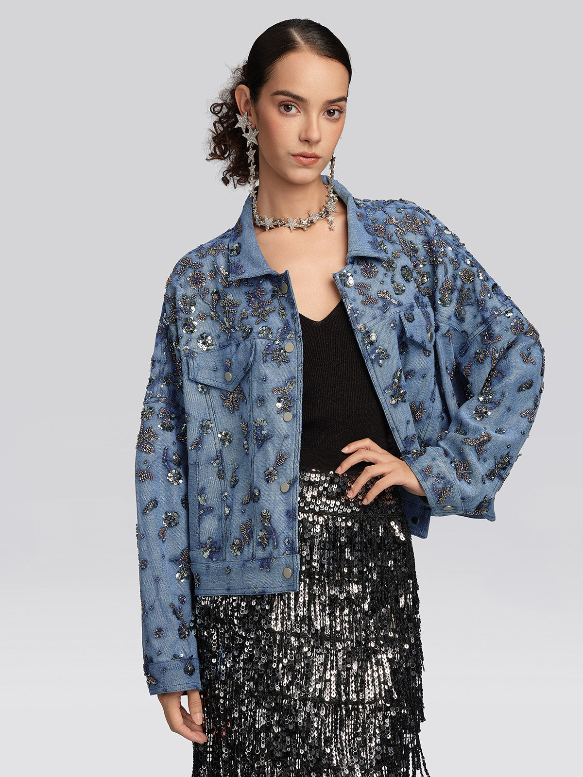 Washed Denim Floral Beaded Sequin Jacket