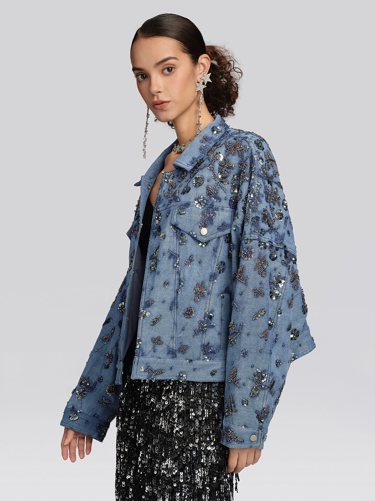 Washed Denim Floral Beaded Sequin Jacket