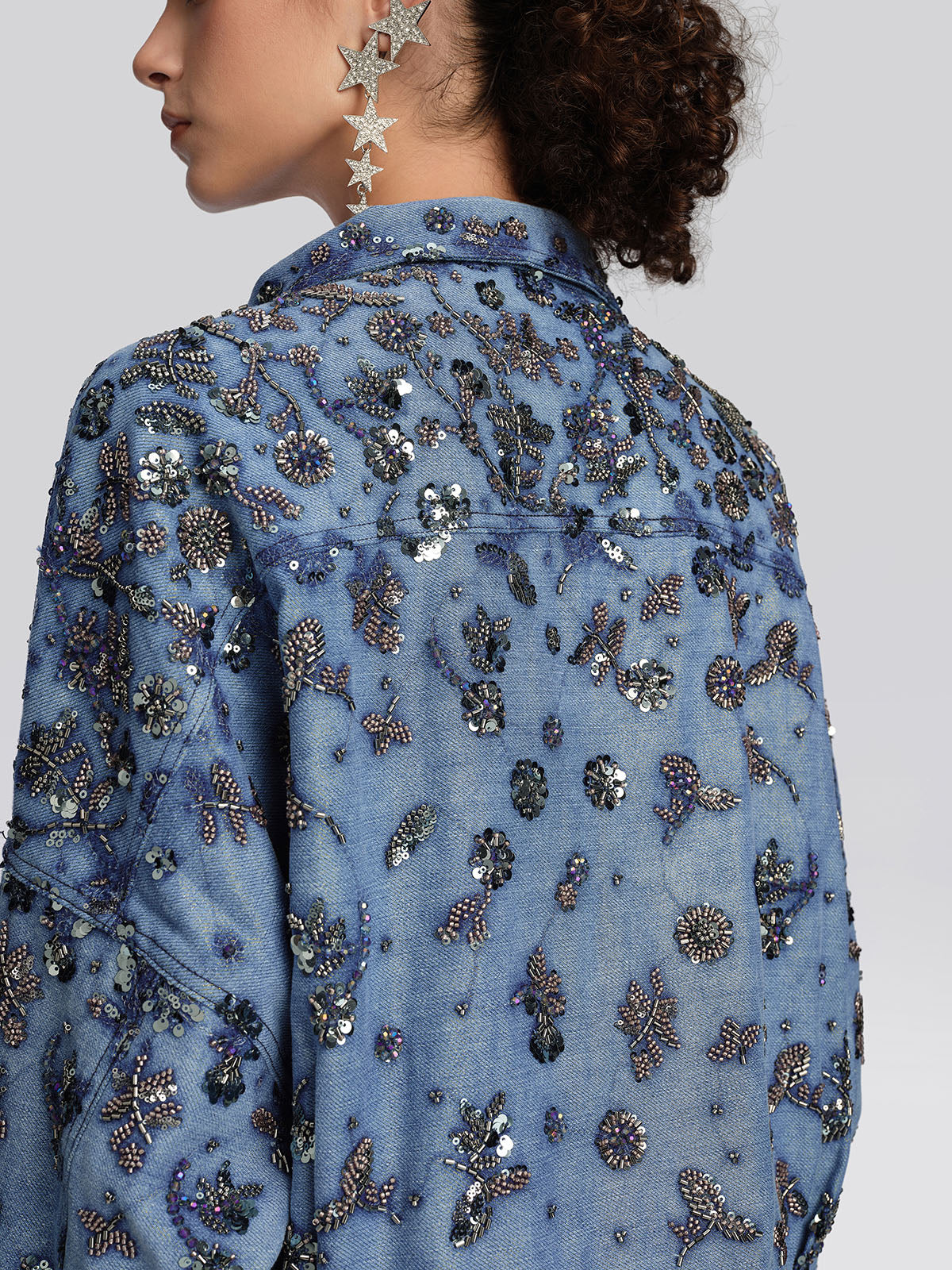Washed Denim Floral Beaded Sequin Jacket