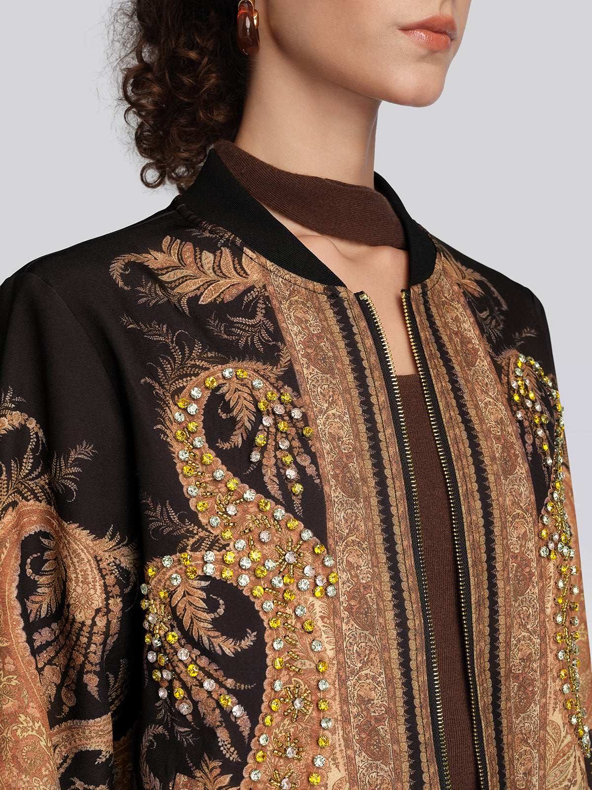 Paisley Print Rhinestone Bomber Jacket