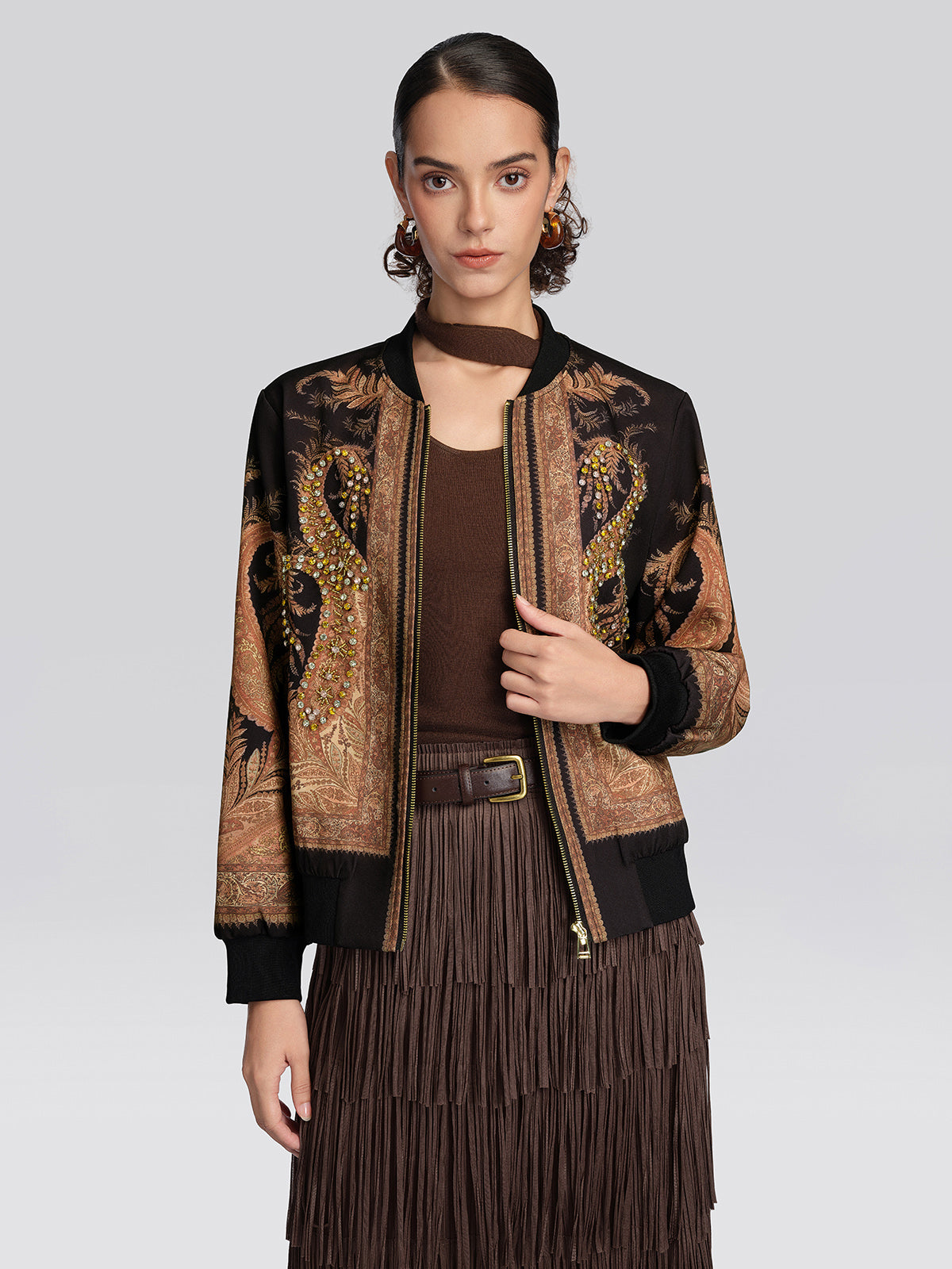 Paisley Print Rhinestone Bomber Jacket