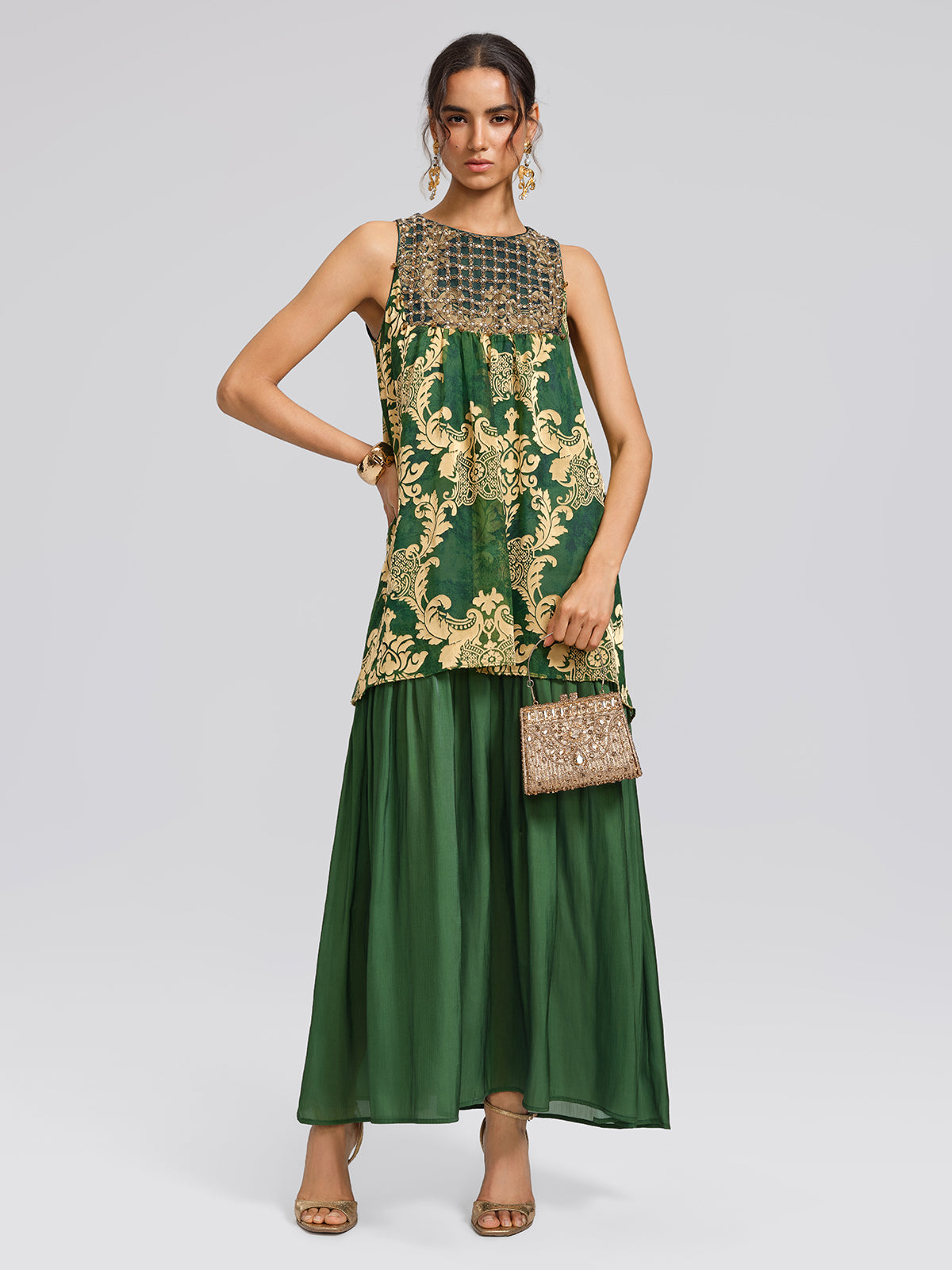 Pleated Jacquard Chiffon Beaded Gown
