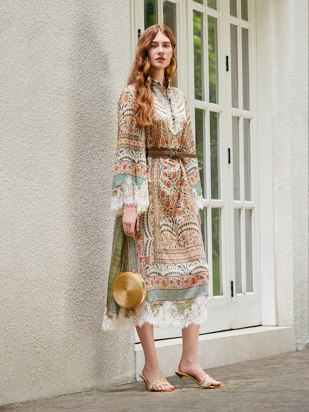 Vintage Botanical Print Lace Dress (Belt Included)