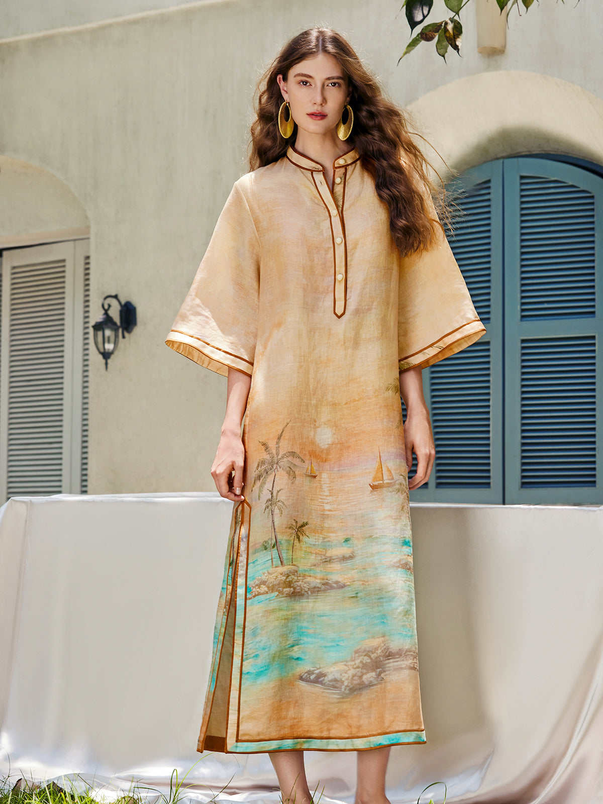 Linen Flared Sleeves Beach Print Dress