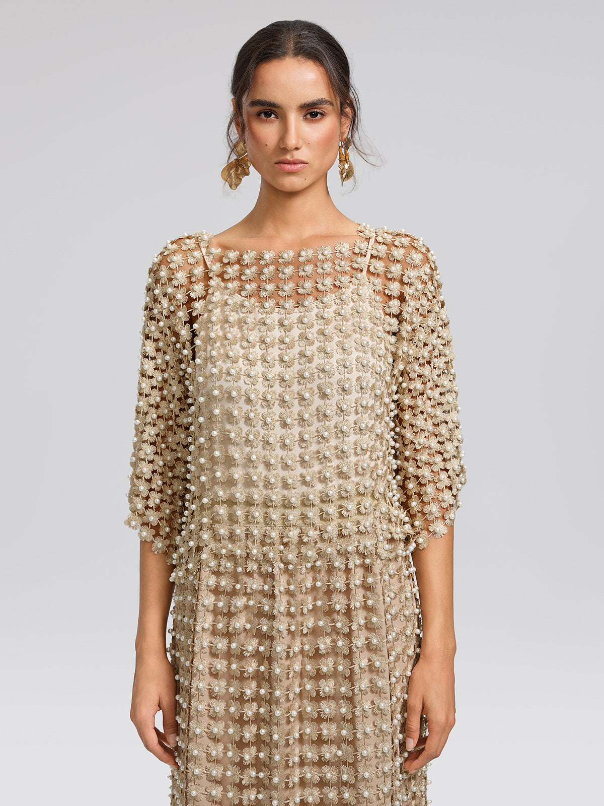 Floral Pearl-Embellished Round-Neck Top