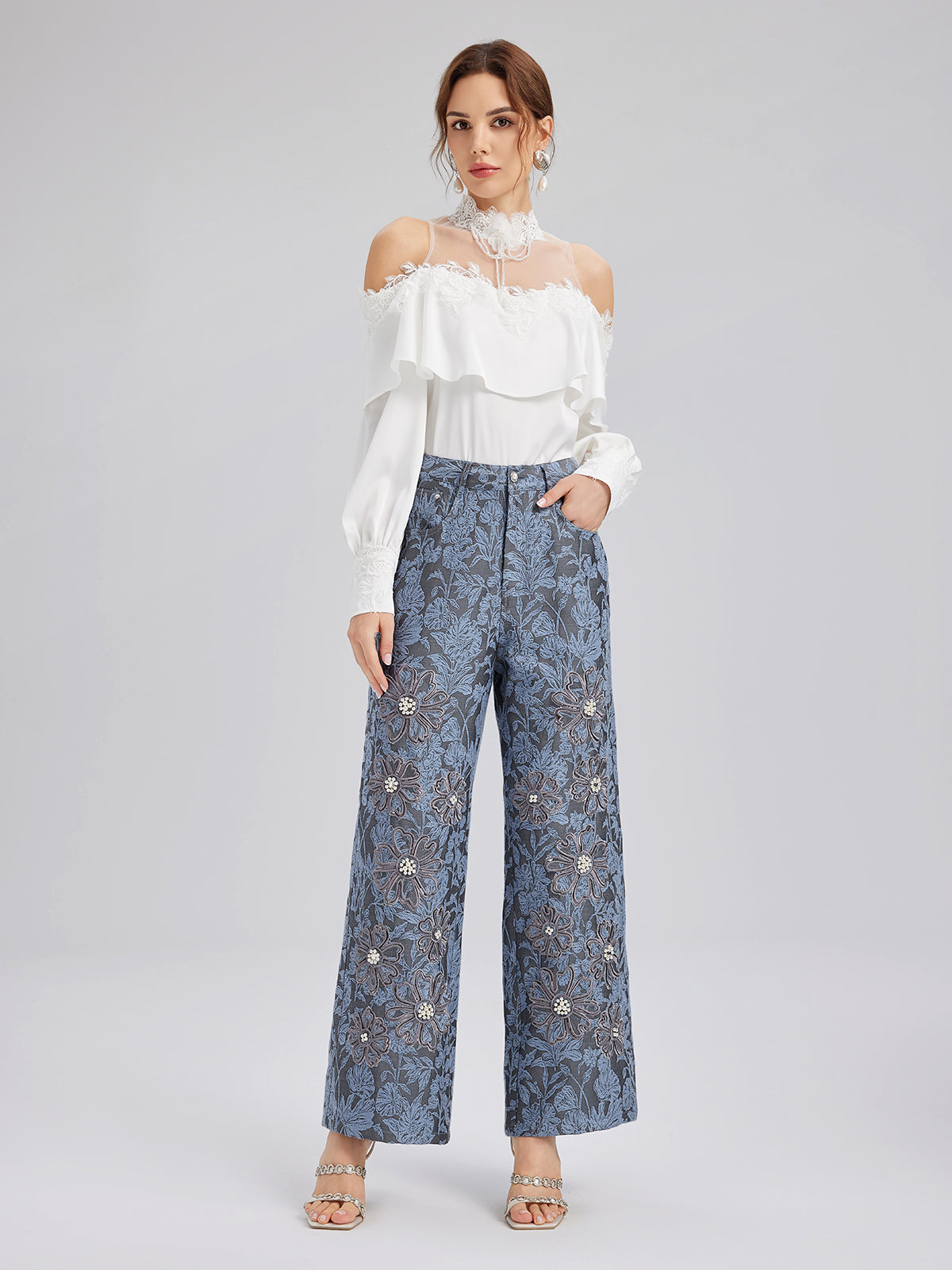 Off-Shoulder Ruffle Lace Mesh Top