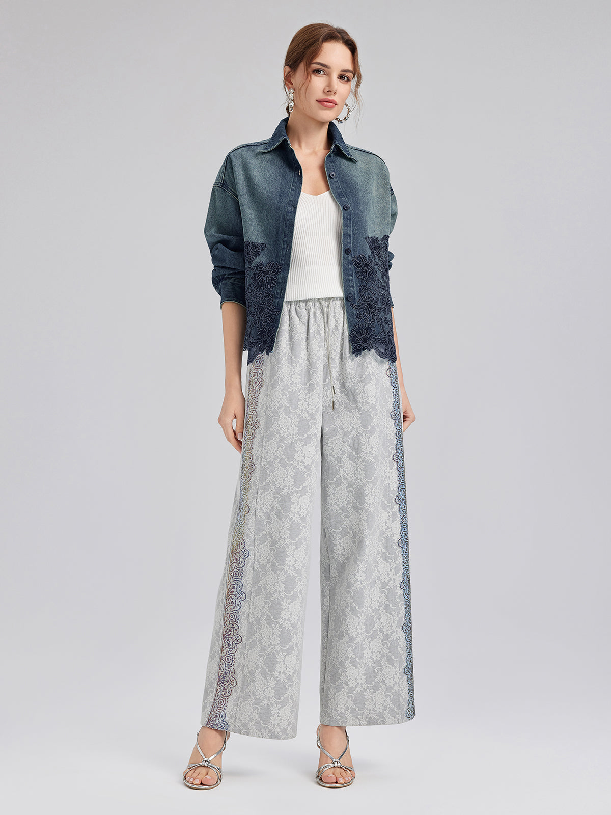 Lace-Paneled Cotton Denim Jacket
