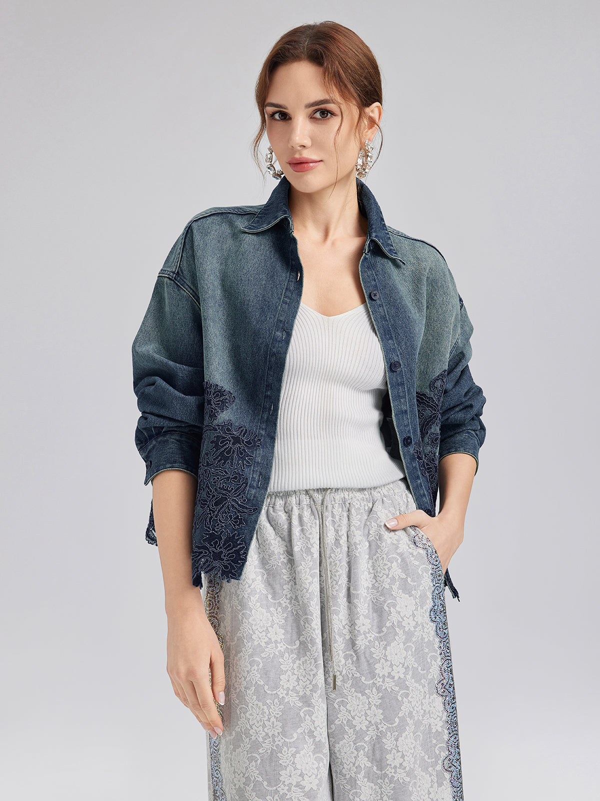 Lace-Paneled Cotton Denim Jacket