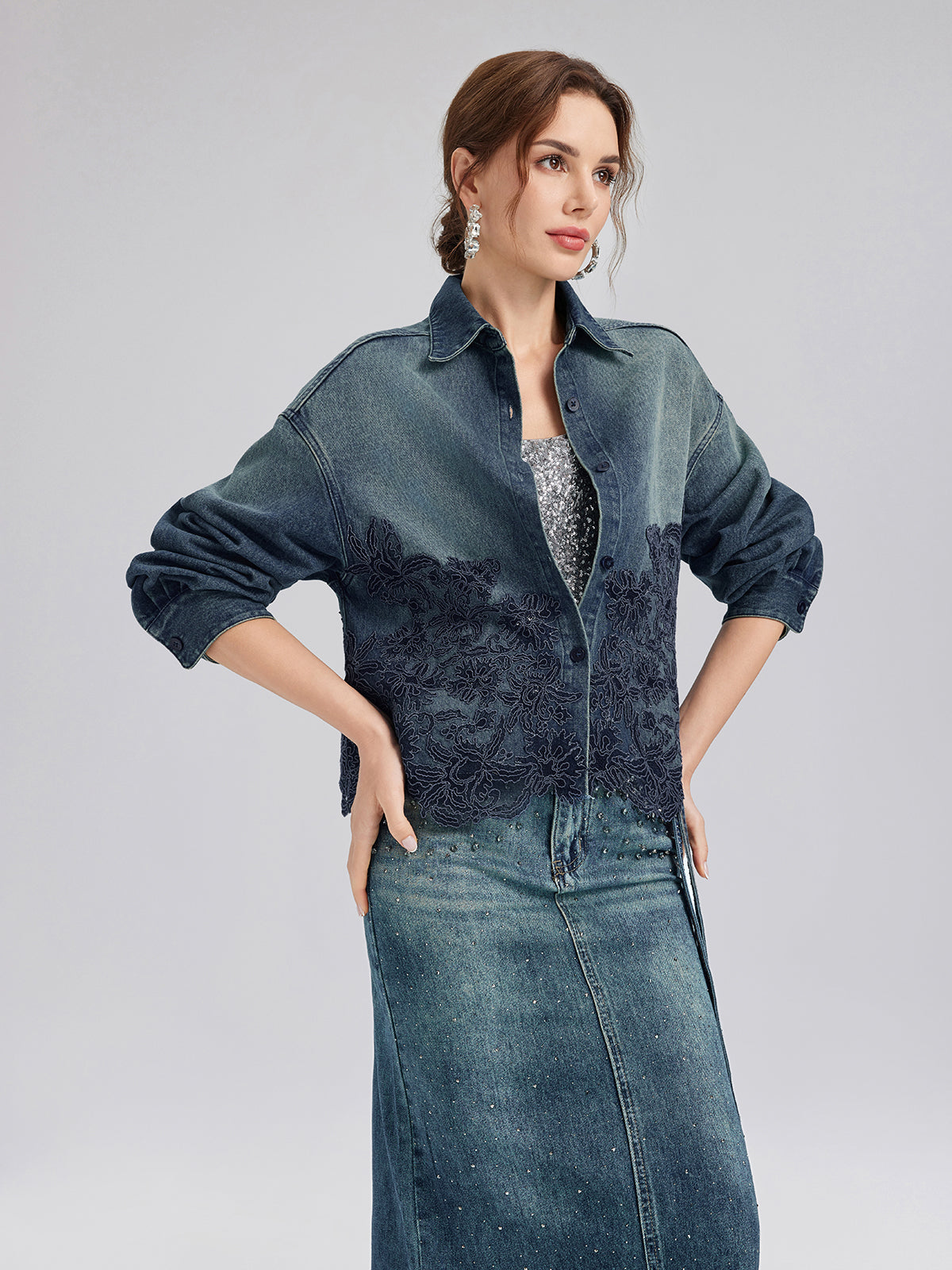 Lace-Paneled Cotton Denim Jacket