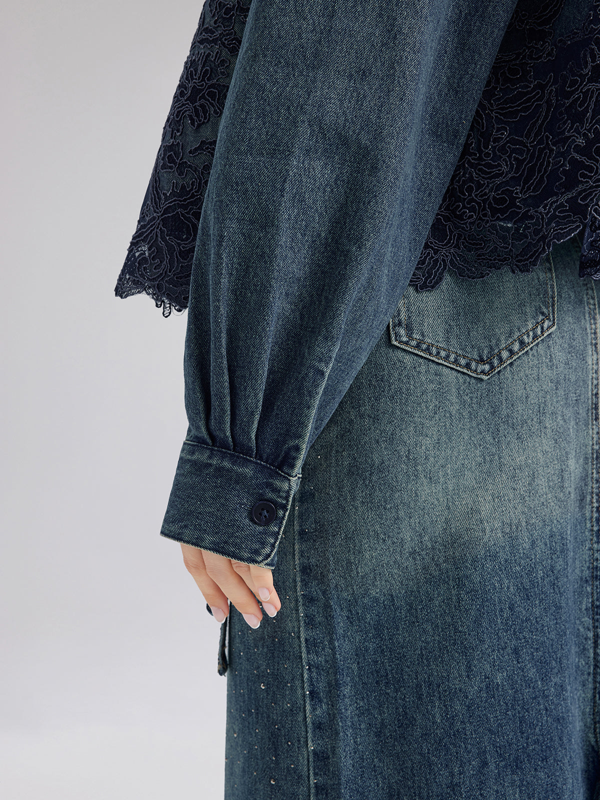 Lace-Paneled Cotton Denim Jacket