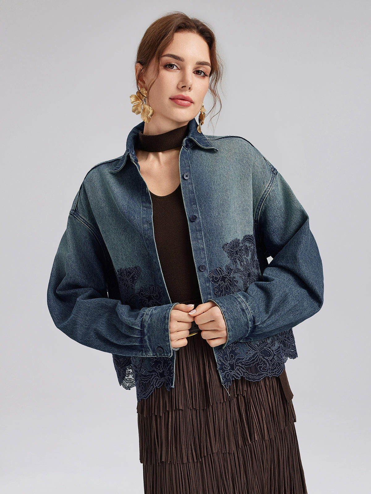 Lace-Paneled Cotton Denim Jacket