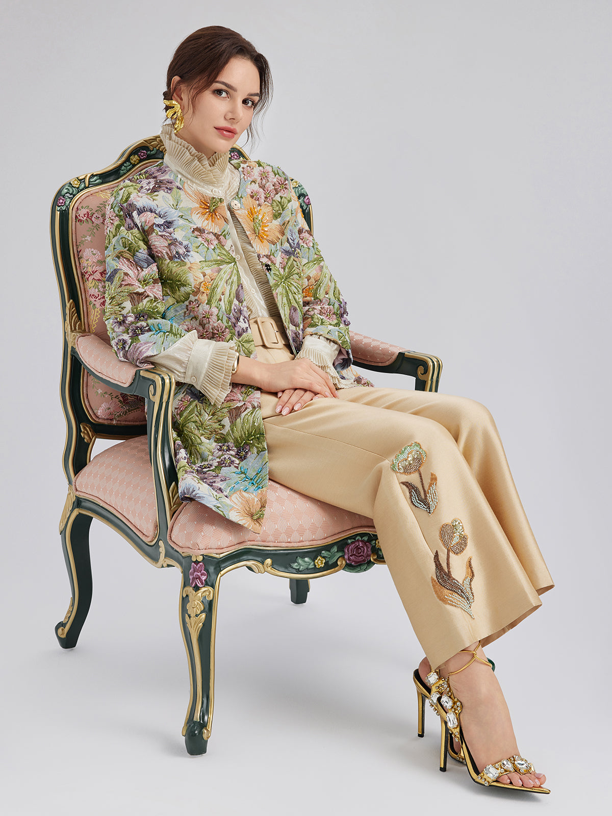 Luxe Floral Sequin Straight-Leg Pants