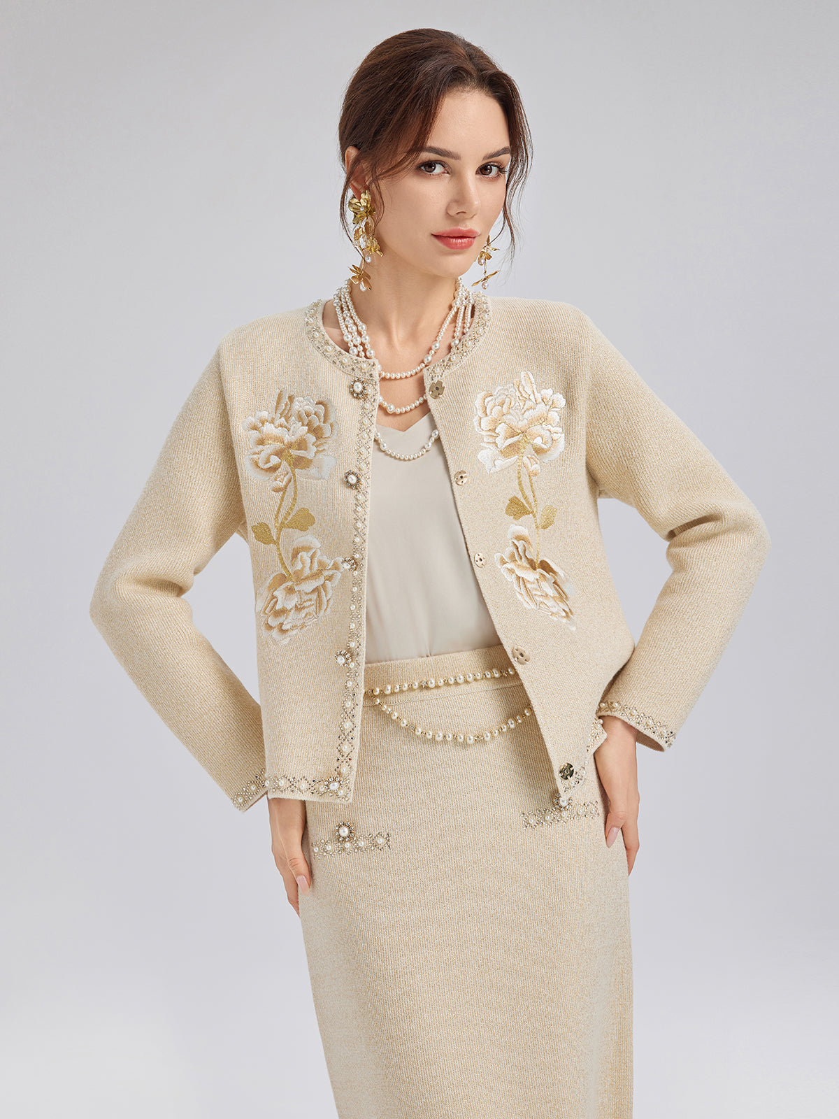Rhinestone Beaded Embroidered Knit Cardigan