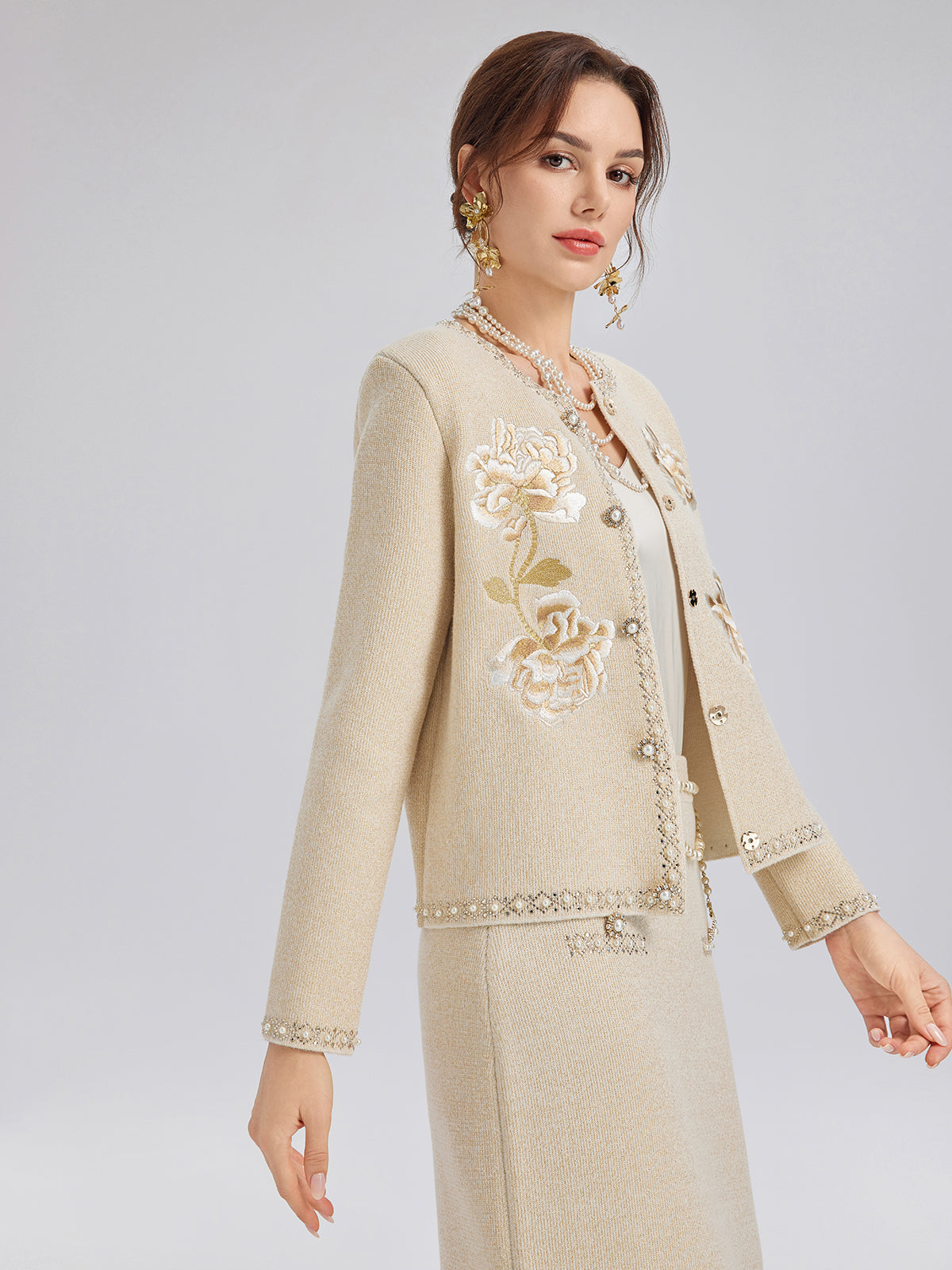 Rhinestone Beaded Embroidered Knit Cardigan