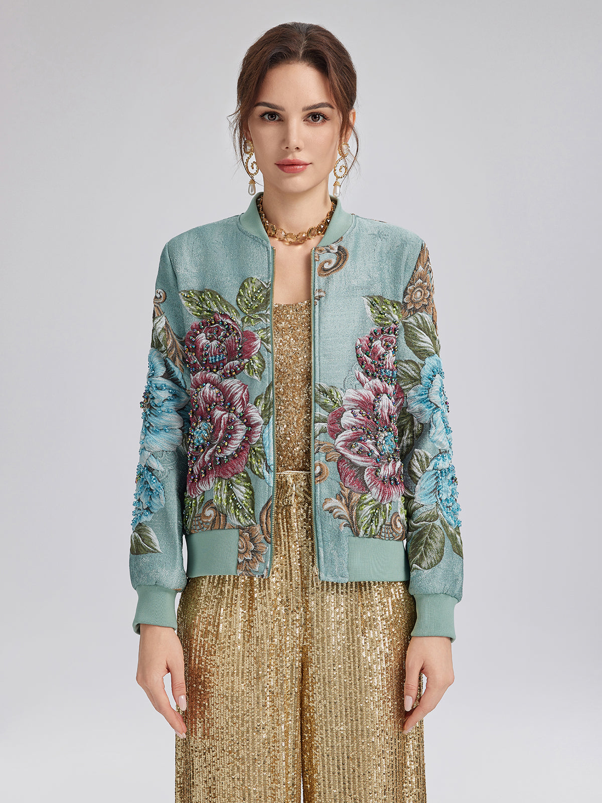 Hand-Beaded 3D Floral Bomber Jacket
