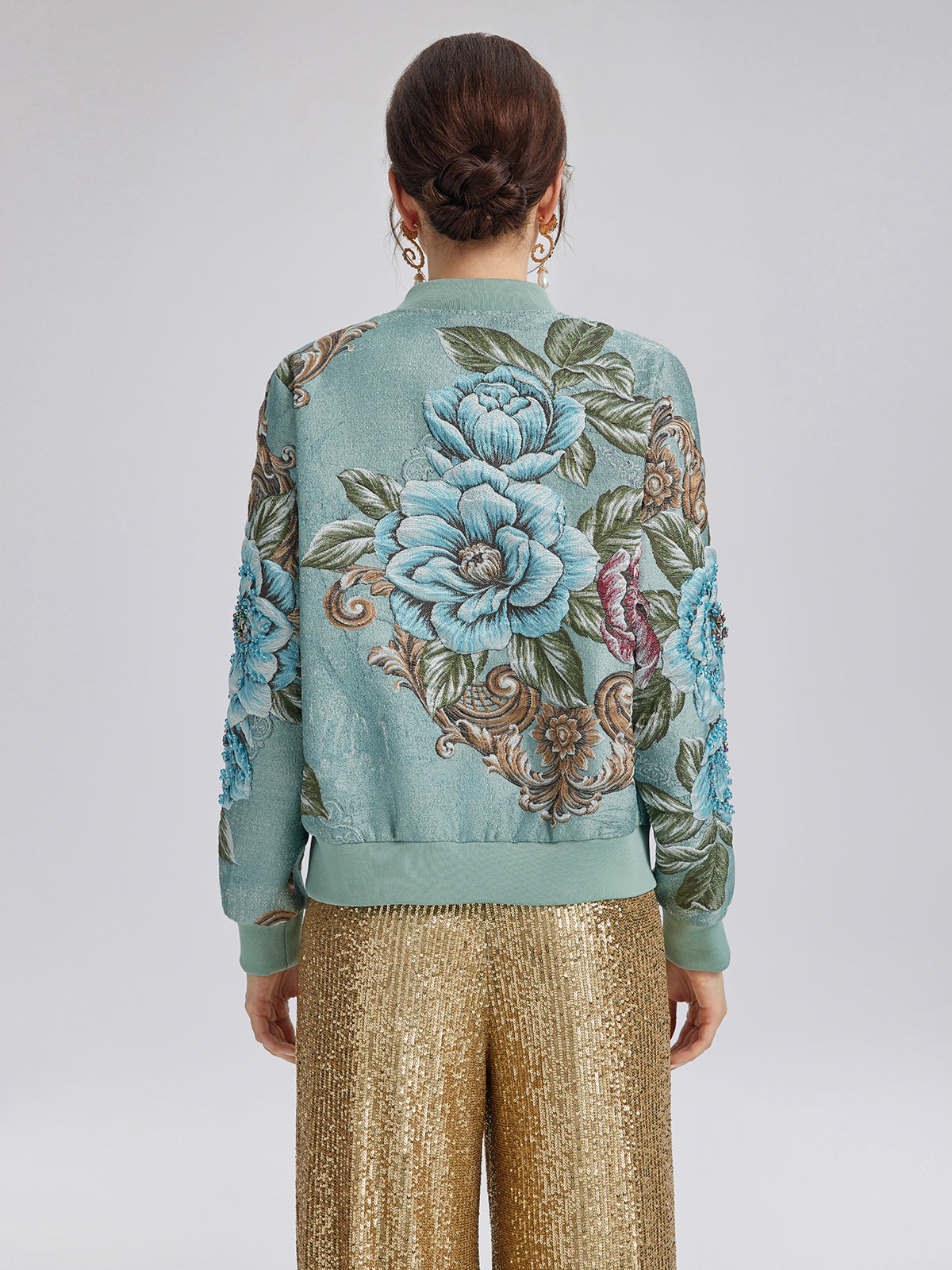 Hand-Beaded 3D Floral Bomber Jacket