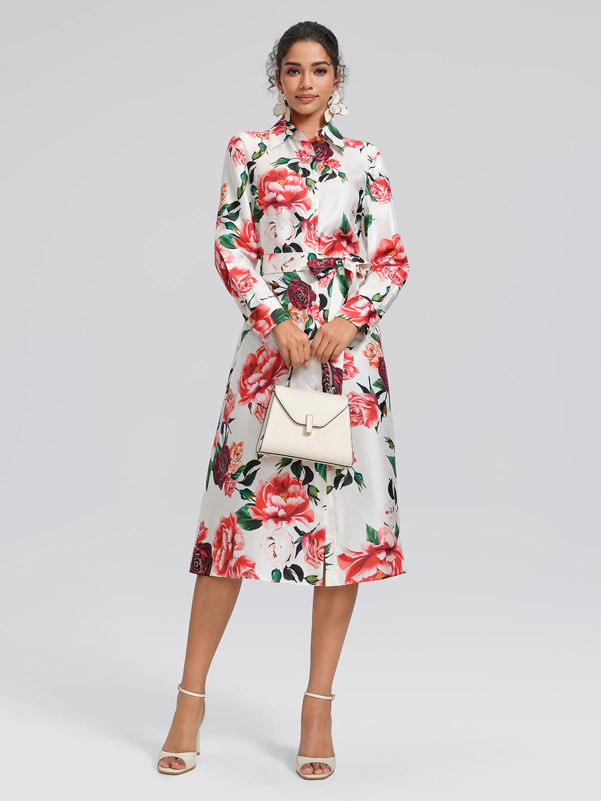 100% Silk Rose Print Turn-down Collar Dress