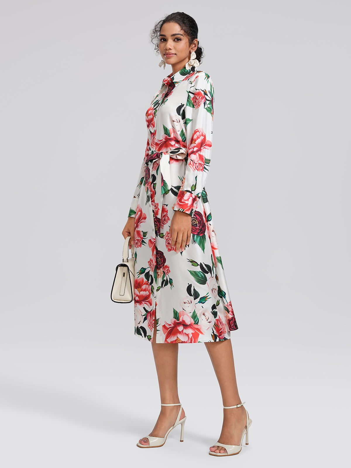 100% Silk Rose Print Turn-down Collar Dress