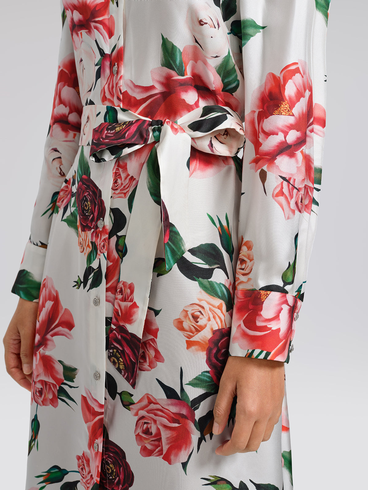 100% Silk Rose Print Turn-down Collar Dress