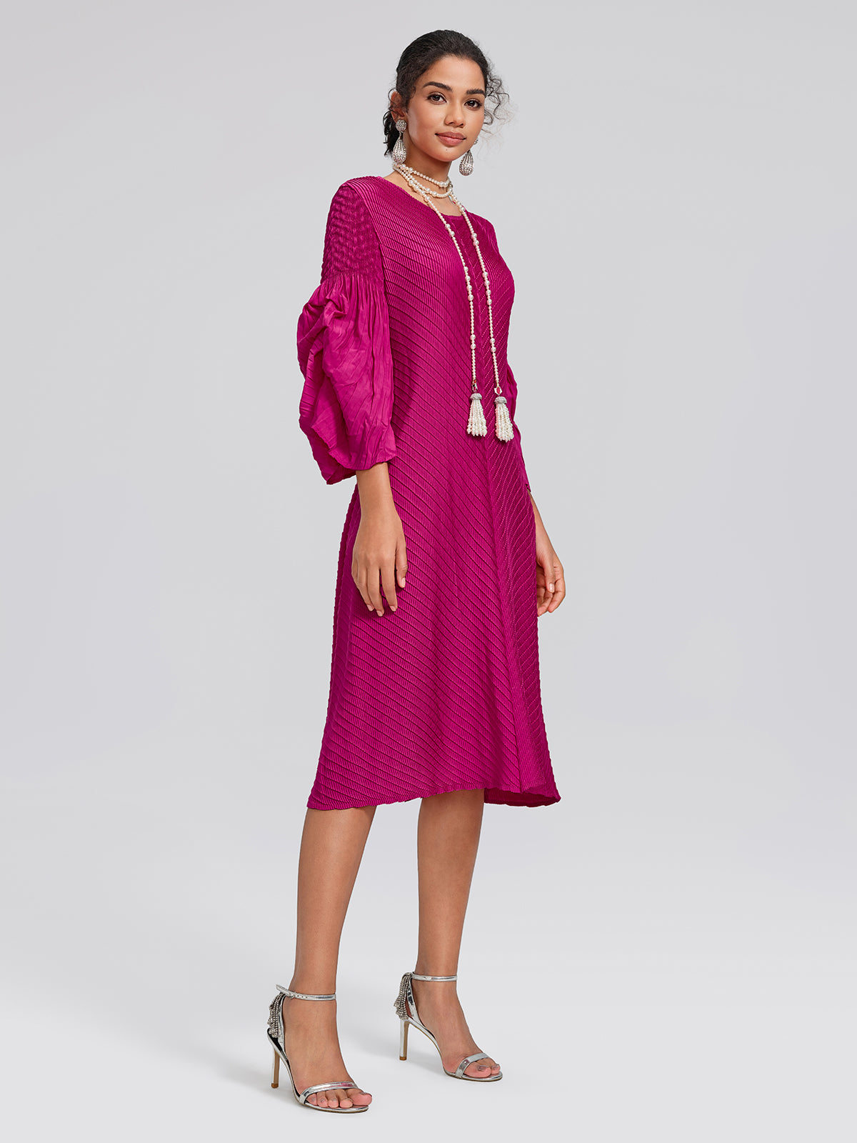 Pleated Bell-Sleeve Crew-Neck Dress