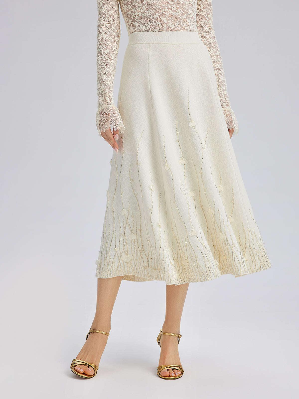 Rhinestone Beaded Wool Knit Elasticated Skirt