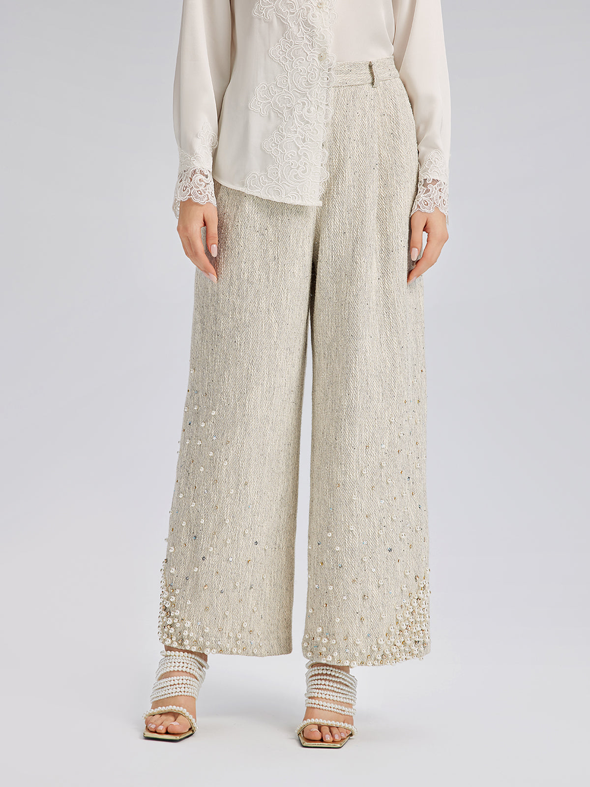Final Sale | Hand-Sewn Pearl Textured Straight-Leg Pants