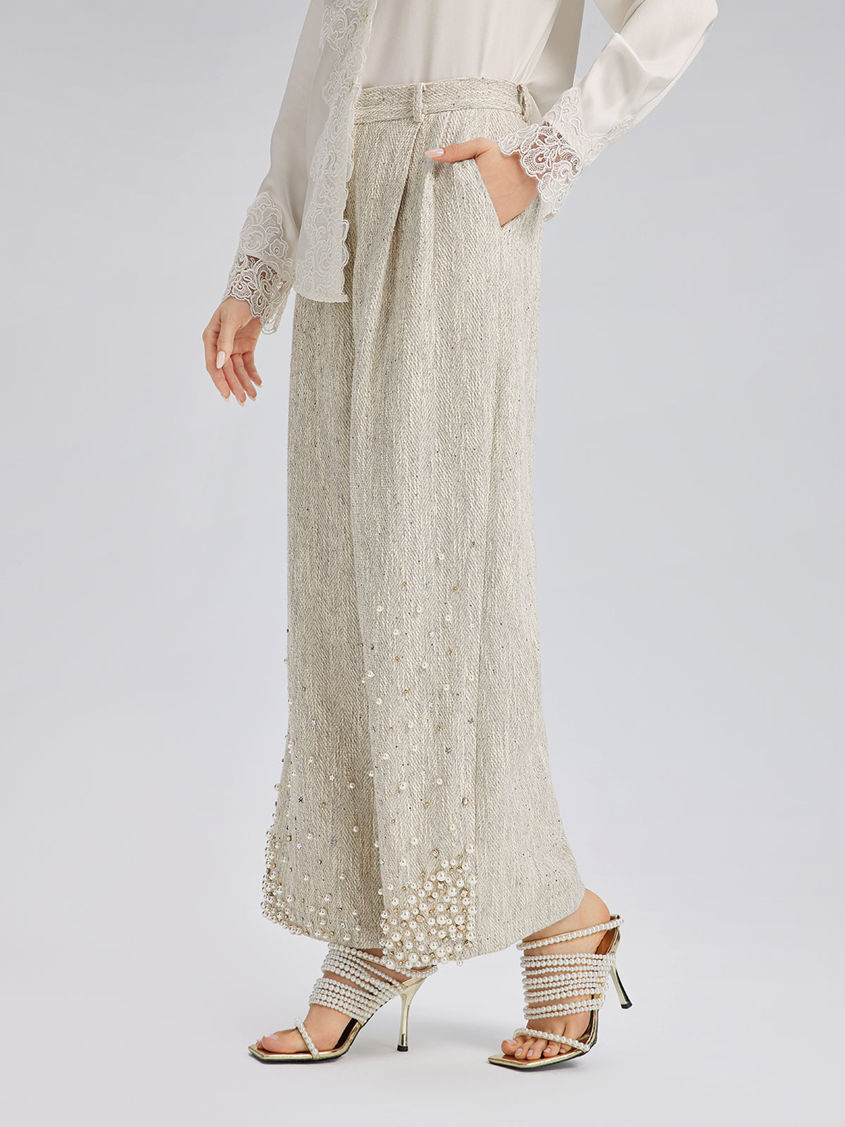 Final Sale | Hand-Sewn Pearl Textured Straight-Leg Pants