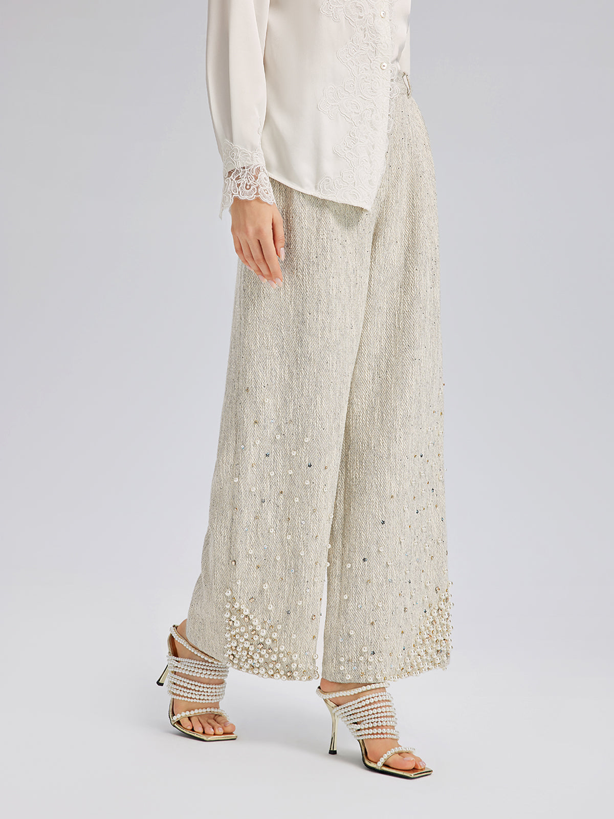 Final Sale | Hand-Sewn Pearl Textured Straight-Leg Pants