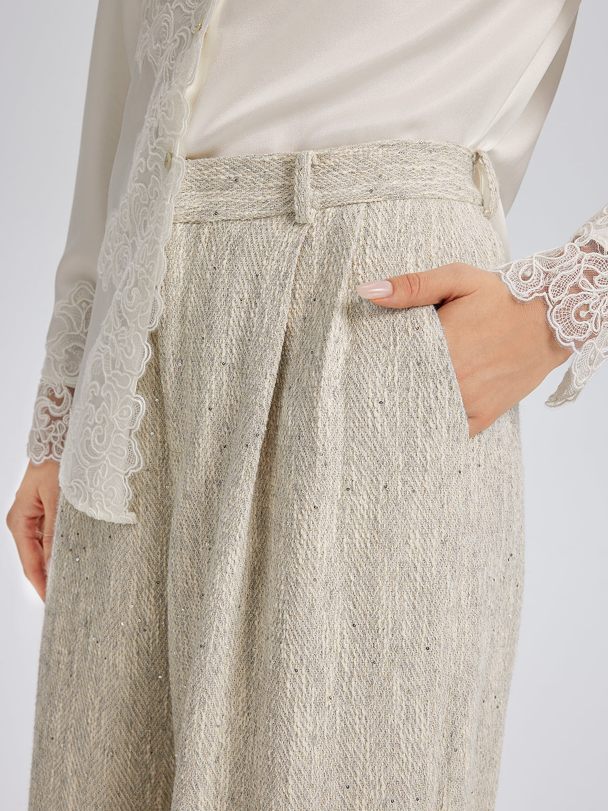 Final Sale | Hand-Sewn Pearl Textured Straight-Leg Pants
