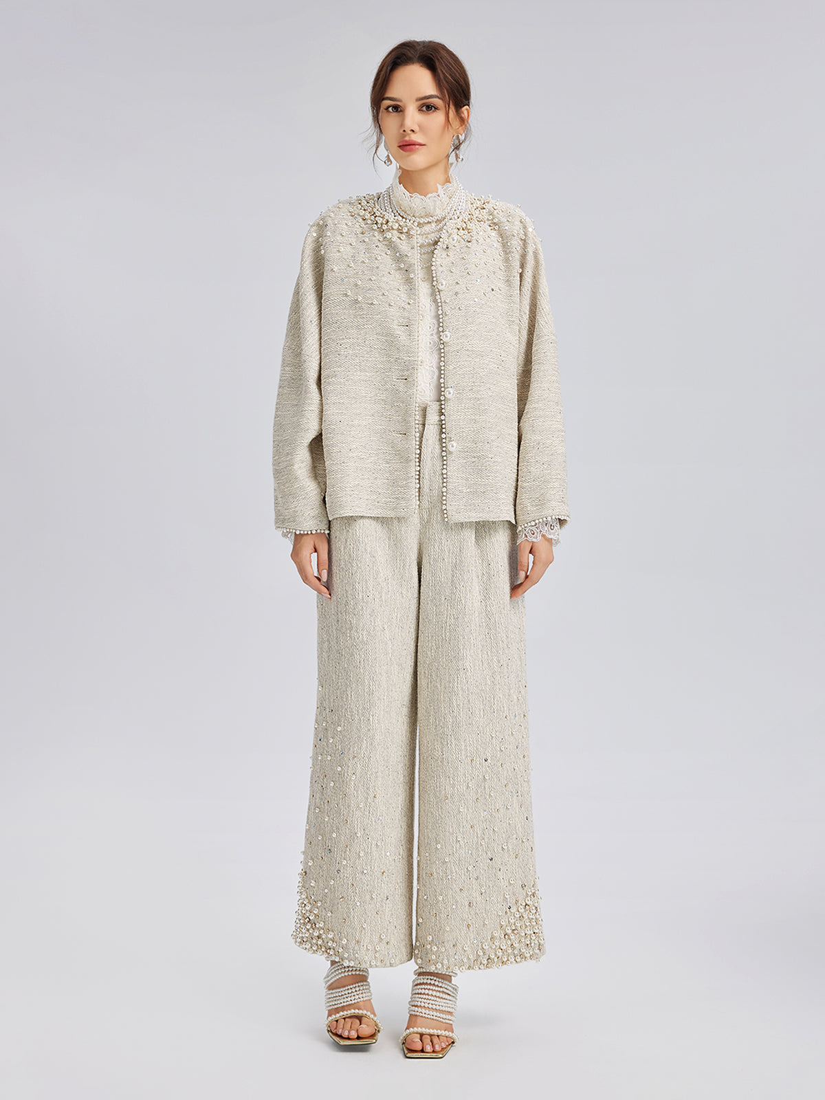 Final Sale | Hand-Sewn Pearl Textured Straight-Leg Pants
