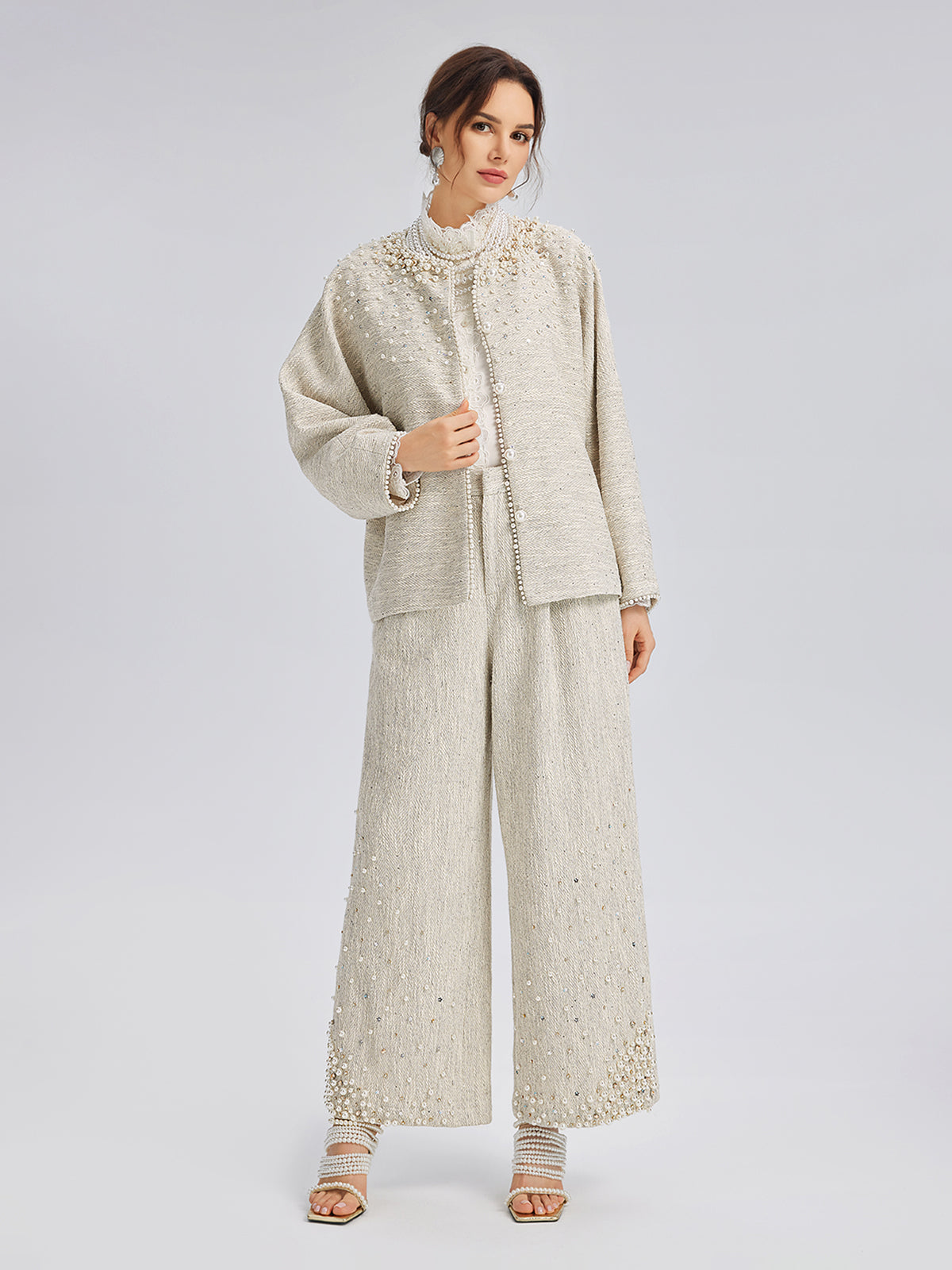 Final Sale | Hand-Sewn Pearl Textured Straight-Leg Pants