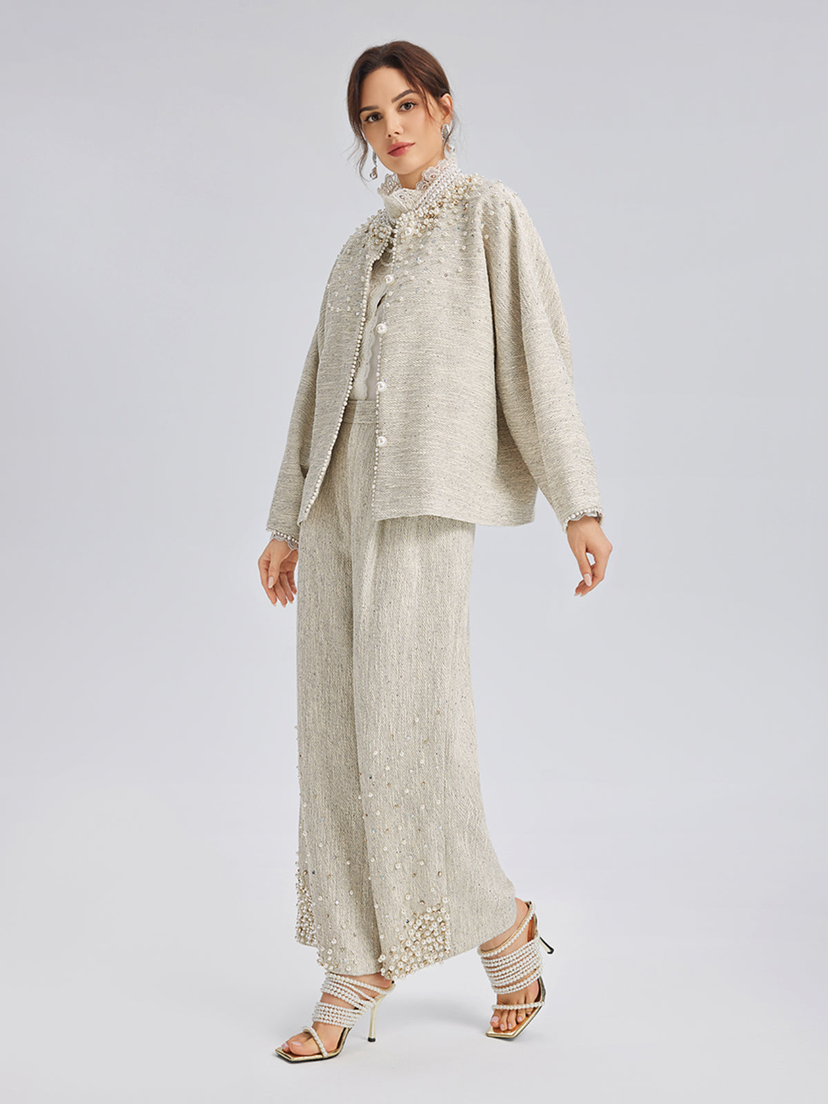 Final Sale | Hand-Sewn Pearl Textured Straight-Leg Pants