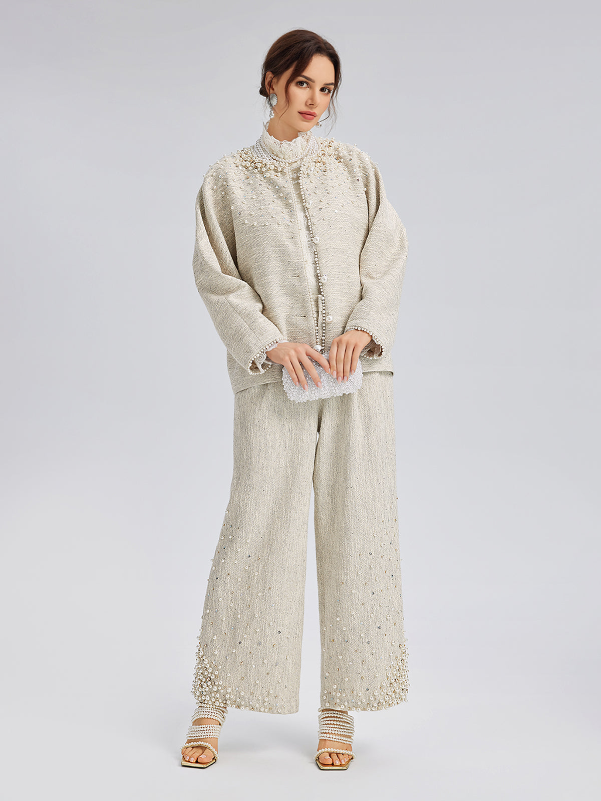 Final Sale | Hand-Sewn Pearl Textured Straight-Leg Pants