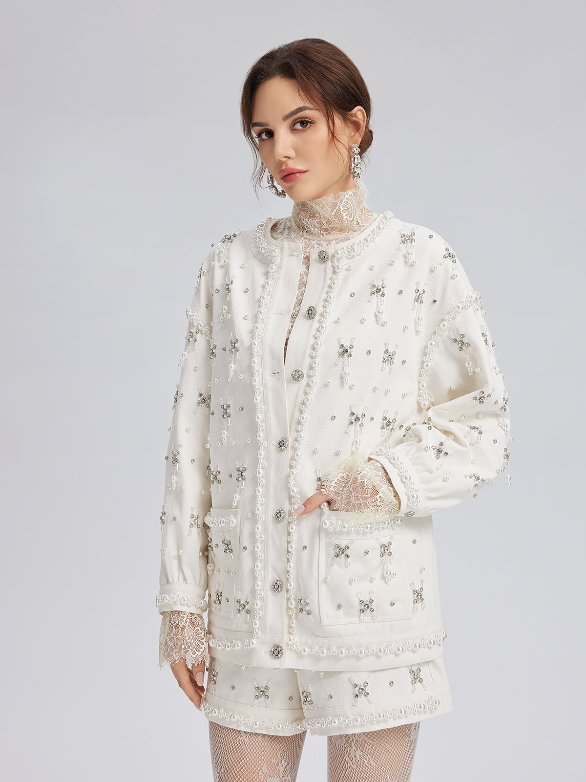 Hand-Beaded Pearl Ribbon Denim Jacket