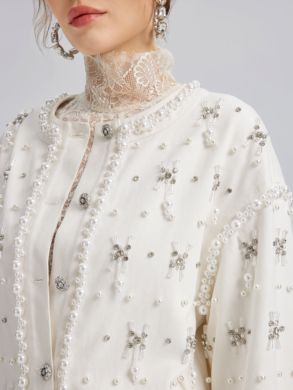 Hand-Beaded Pearl Ribbon Denim Jacket