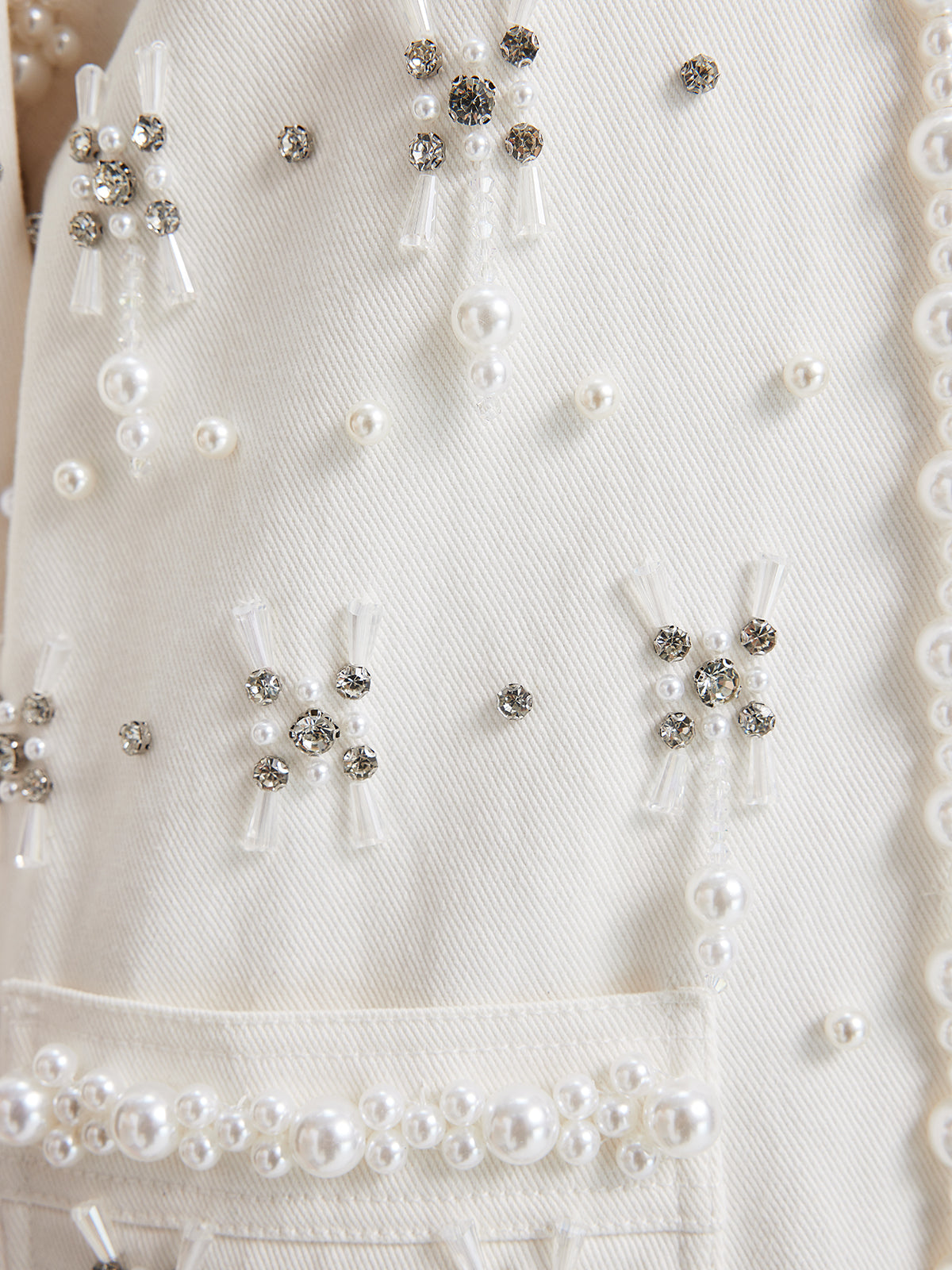 Hand-Beaded Pearl Ribbon Denim Jacket