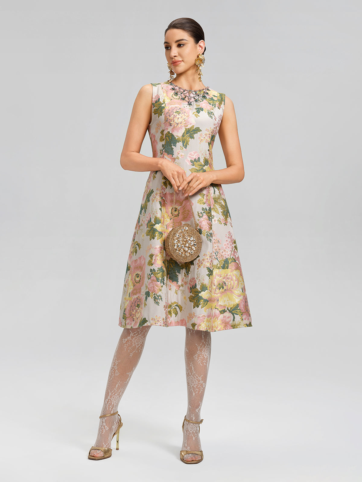 Crystal Beaded Jacquard A Line Pocket Dress