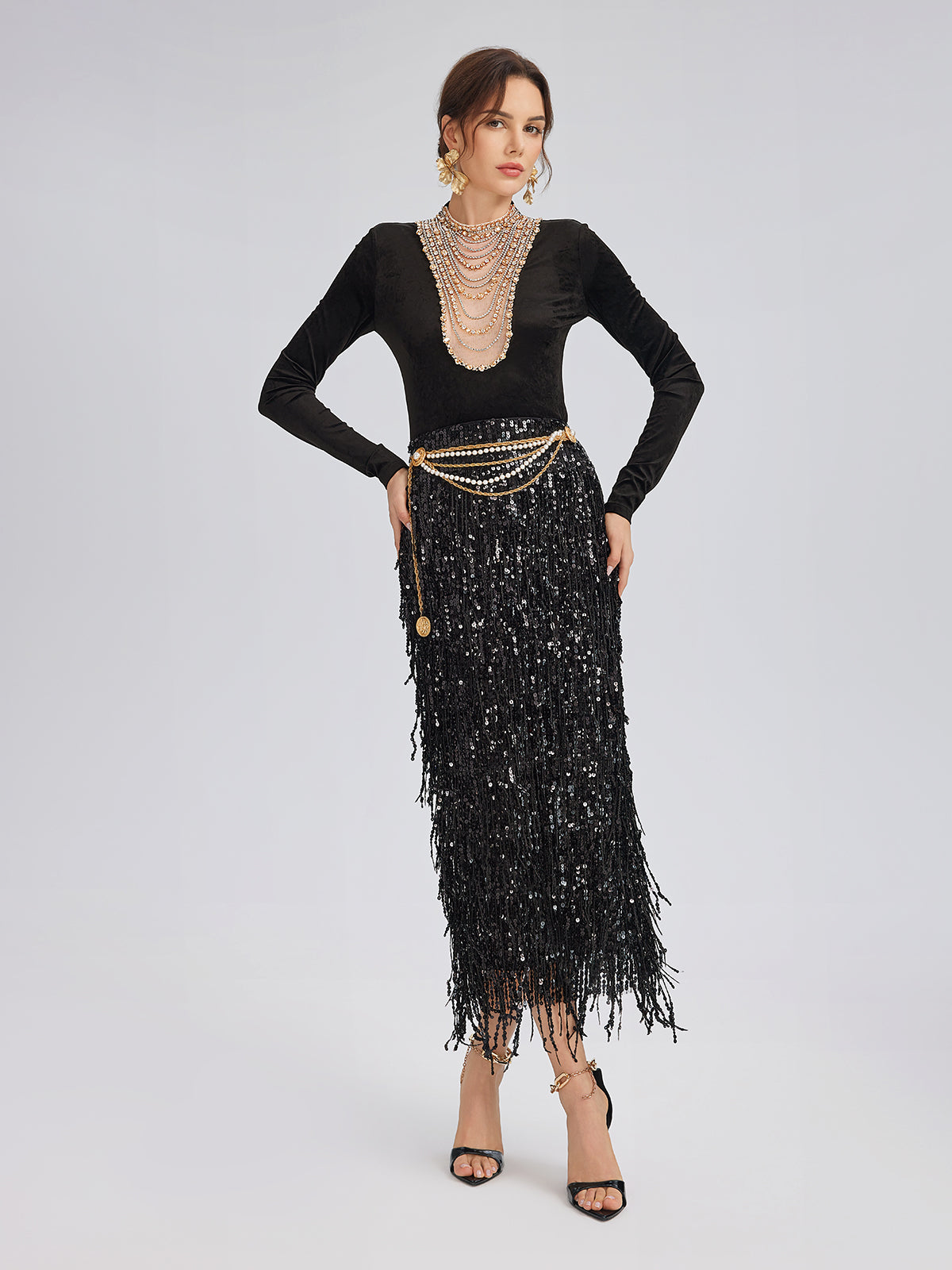 Hand-Beaded Crystal Chain Velvet Top
