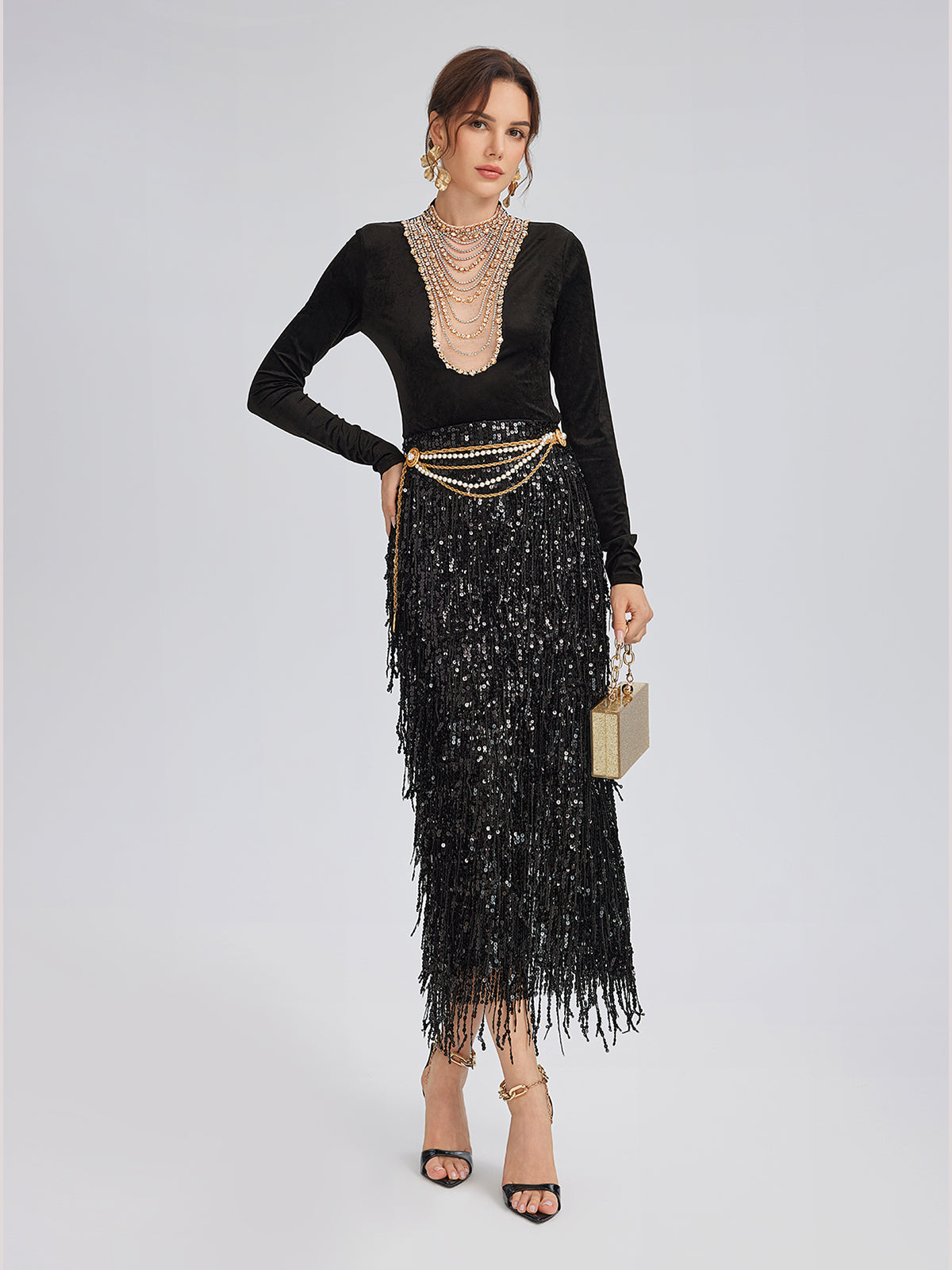 Hand-Beaded Crystal Chain Velvet Top
